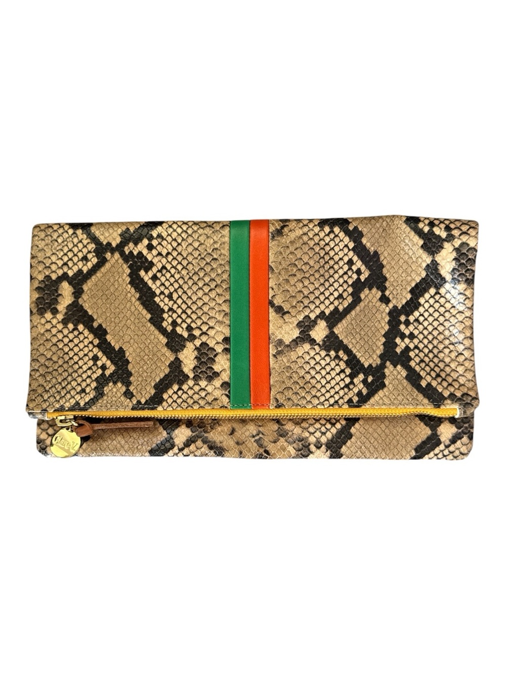 Clare V. Foldover Clutch Snake Print Leather Green Orange Stripe Made in USA